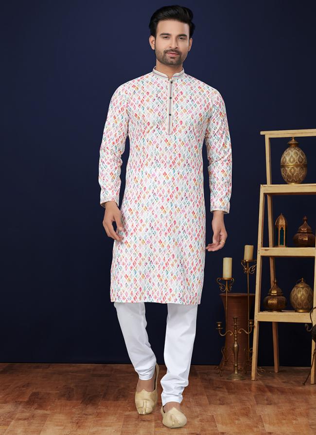 Cotton White Traditional Wear Digital Printed Kurta Pajama